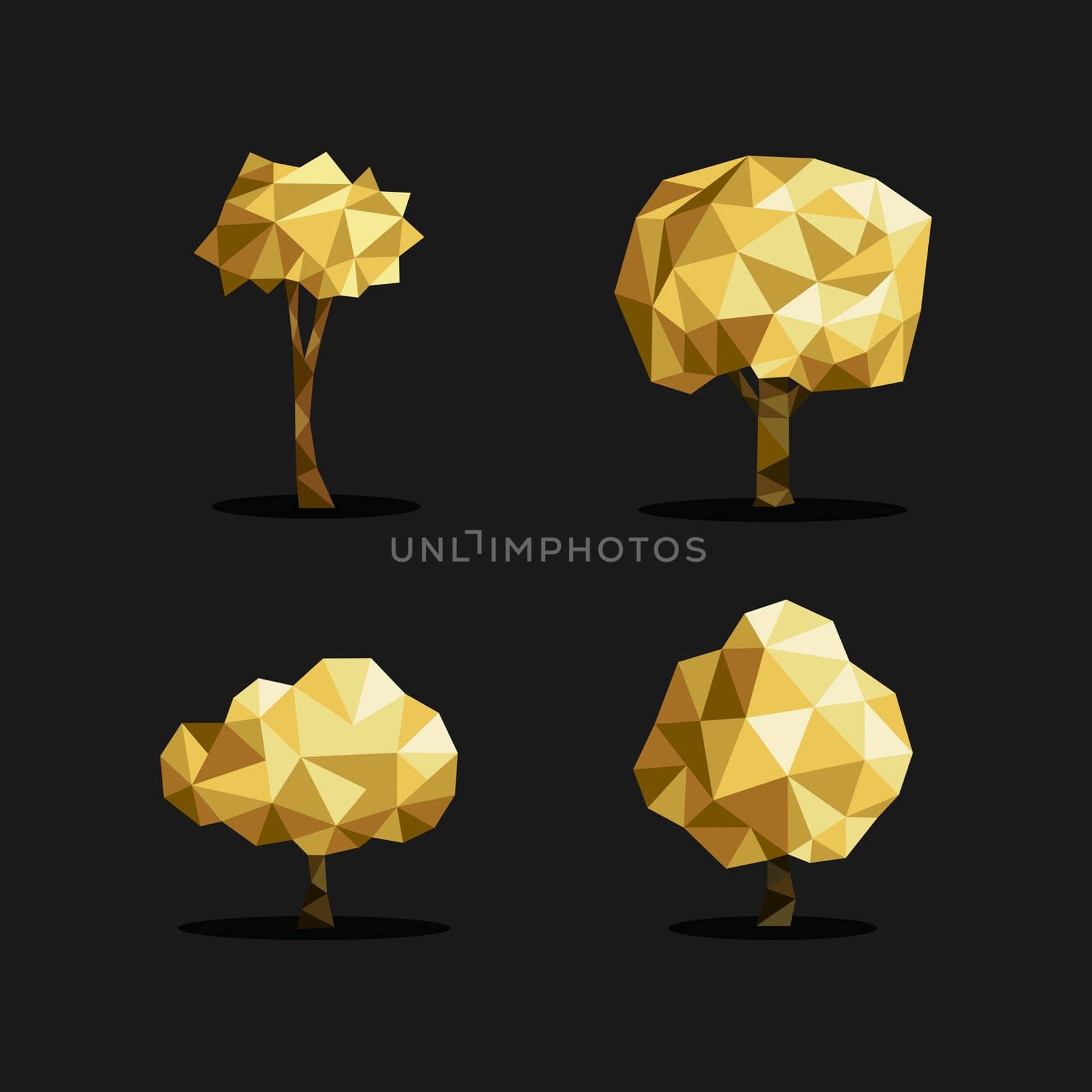 Set of polygon triangle low poly tree illustrations in gold metallic color. Ideal for web icon, ecology brochure or botany book cover. EPS10 vector file.