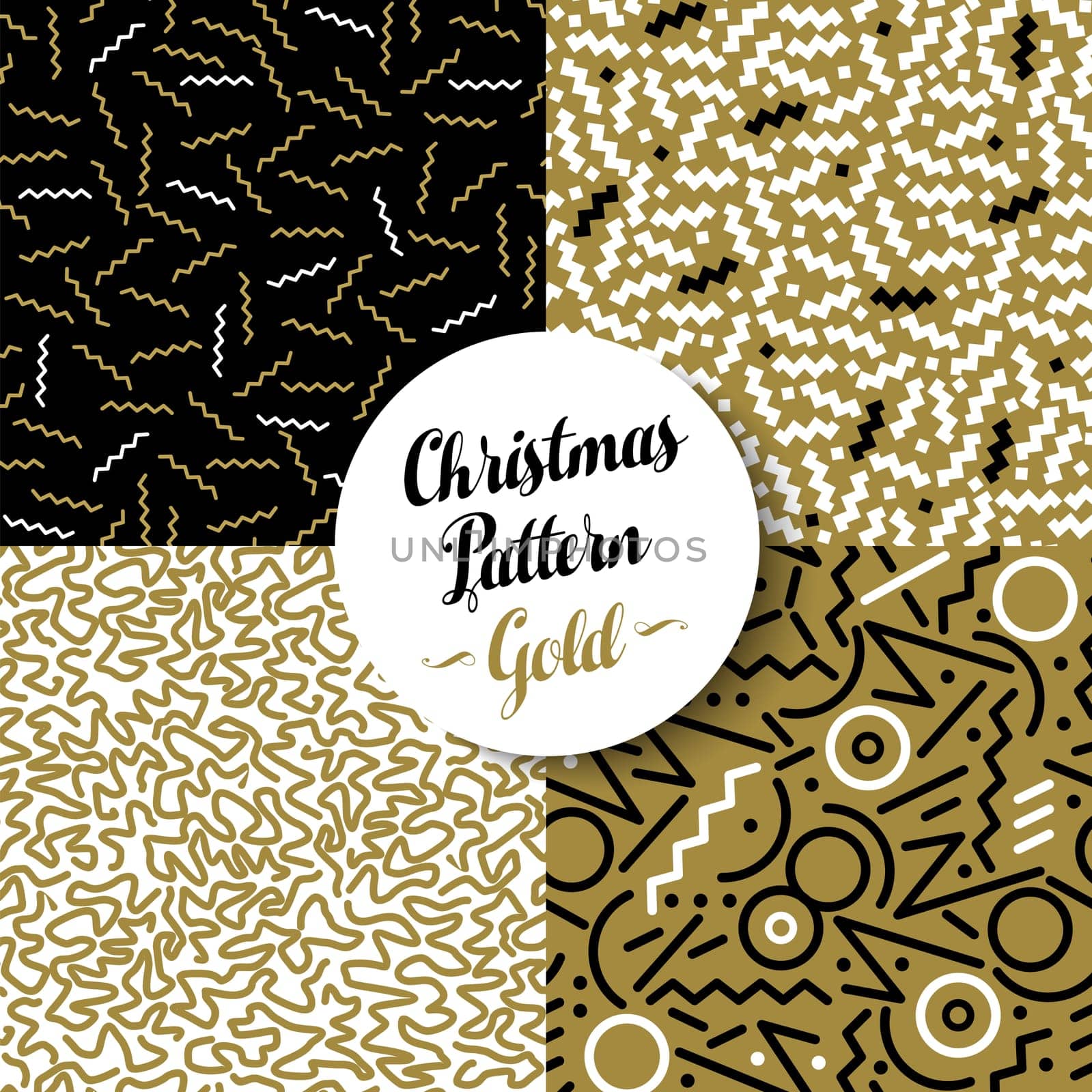 Merry Christmas seamless pattern set of fancy golden geometry designs in 80s retro style. Ideal for Xmas greeting card, web, or holiday party invitation. EPS10 vector.