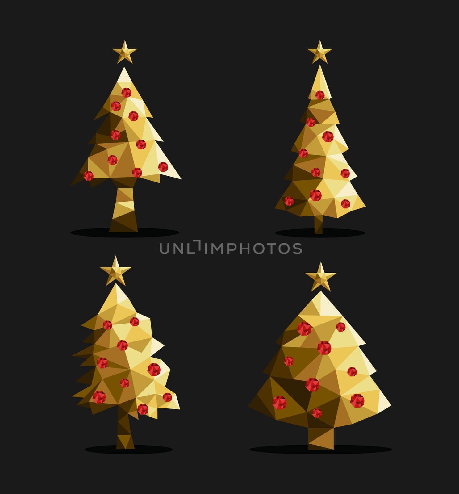 Set of polygon christmas pine trees low poly triangle style with xmas ornaments and star on top in gold metallic color. EPS10 vector.   .