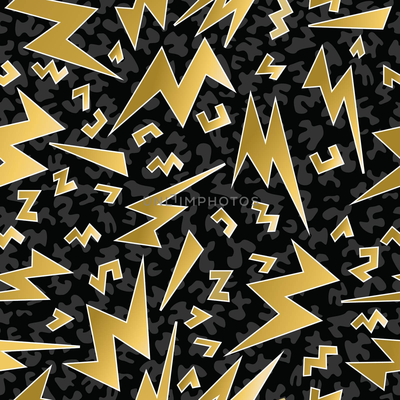 Fancy golden retro 80s fashion seamless pattern lightning ray illustration background. Ideal for greeting card design, print or web. EPS10 vector file.