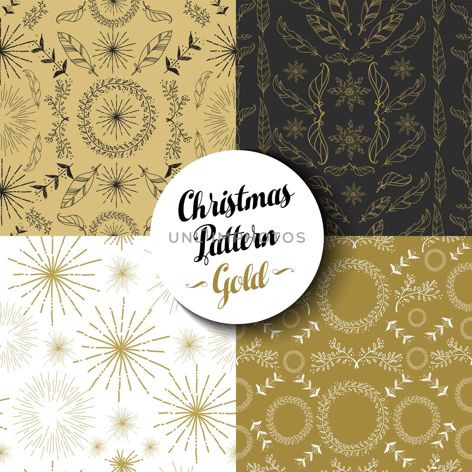 Merry Christmas seamless pattern set of fancy golden vintage designs
