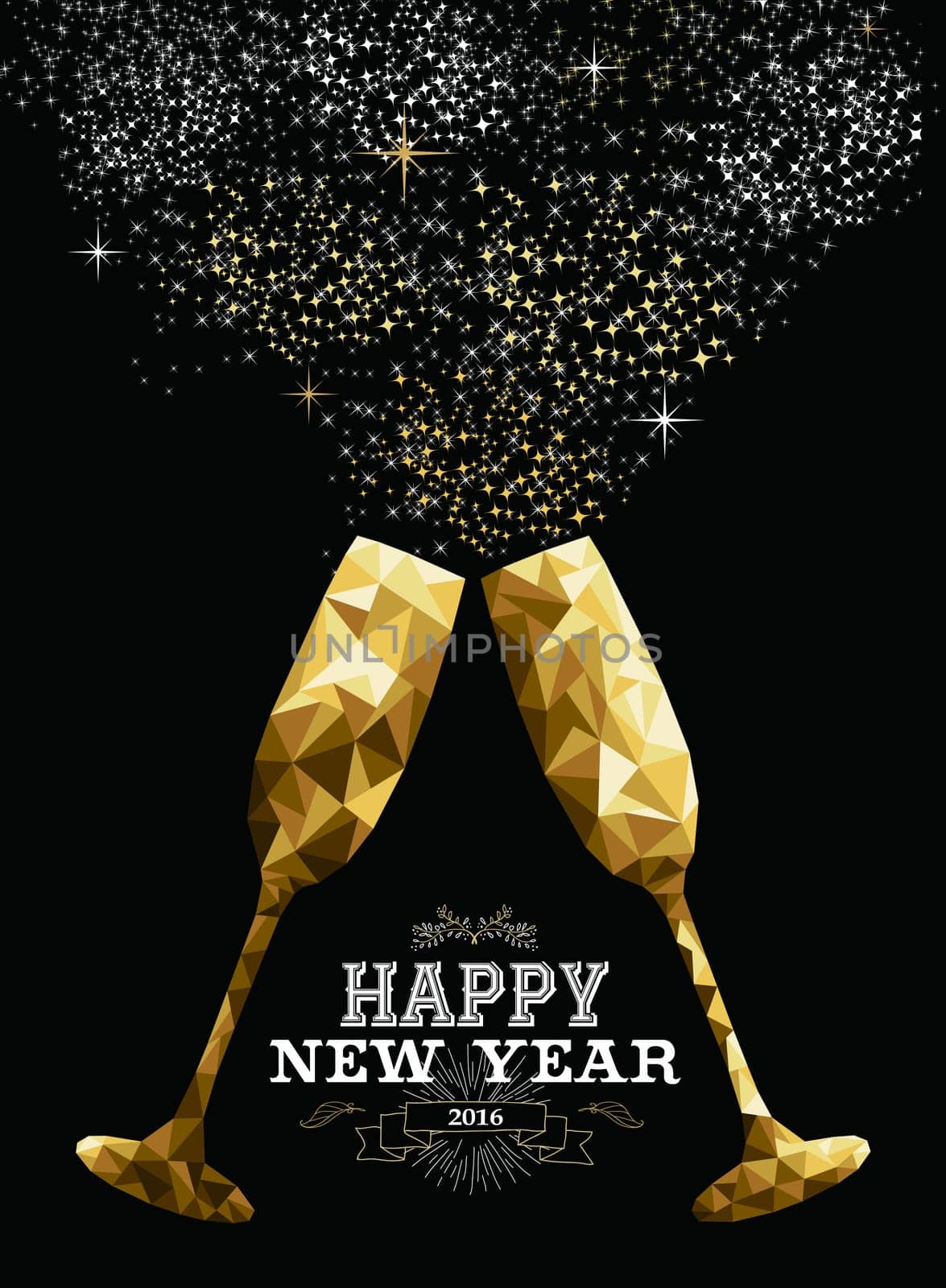 Happy new year 2016 fancy gold glasses making a toast in hipster triangle low poly style. Ideal for greeting card or elegant holiday party invitation. EPS10 vector.