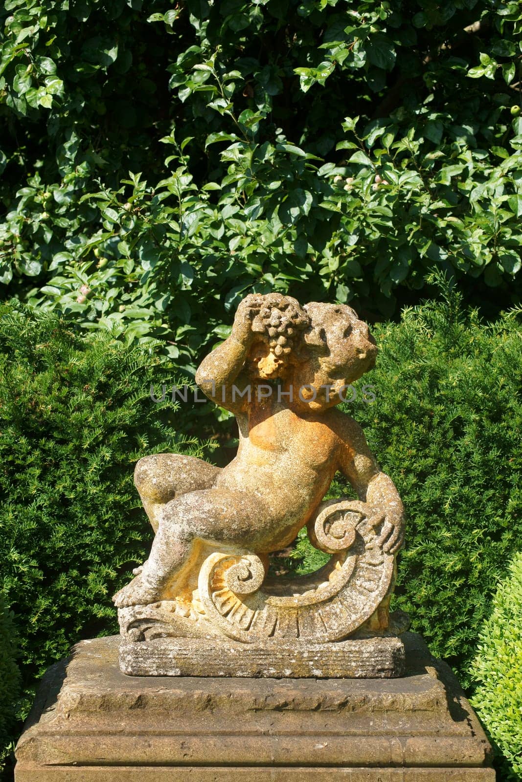 The sculpture of a little boy,God Bacchus,made of concrete for garden decoration.