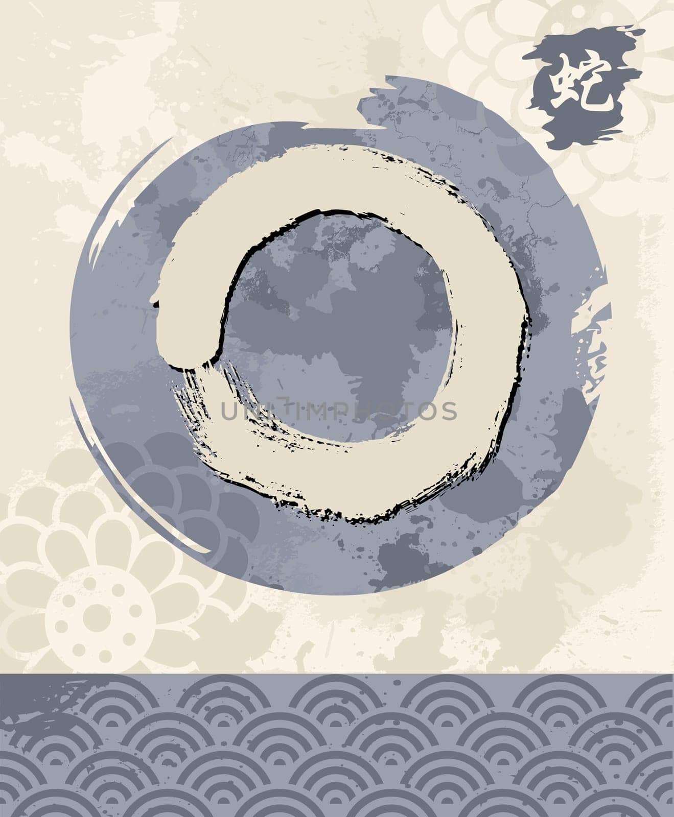 Enso Zen circle illustration in traditional hand drawn brush stroke style. Meditation symbol of Buddhism with calligraphy. EPS10 vector file.