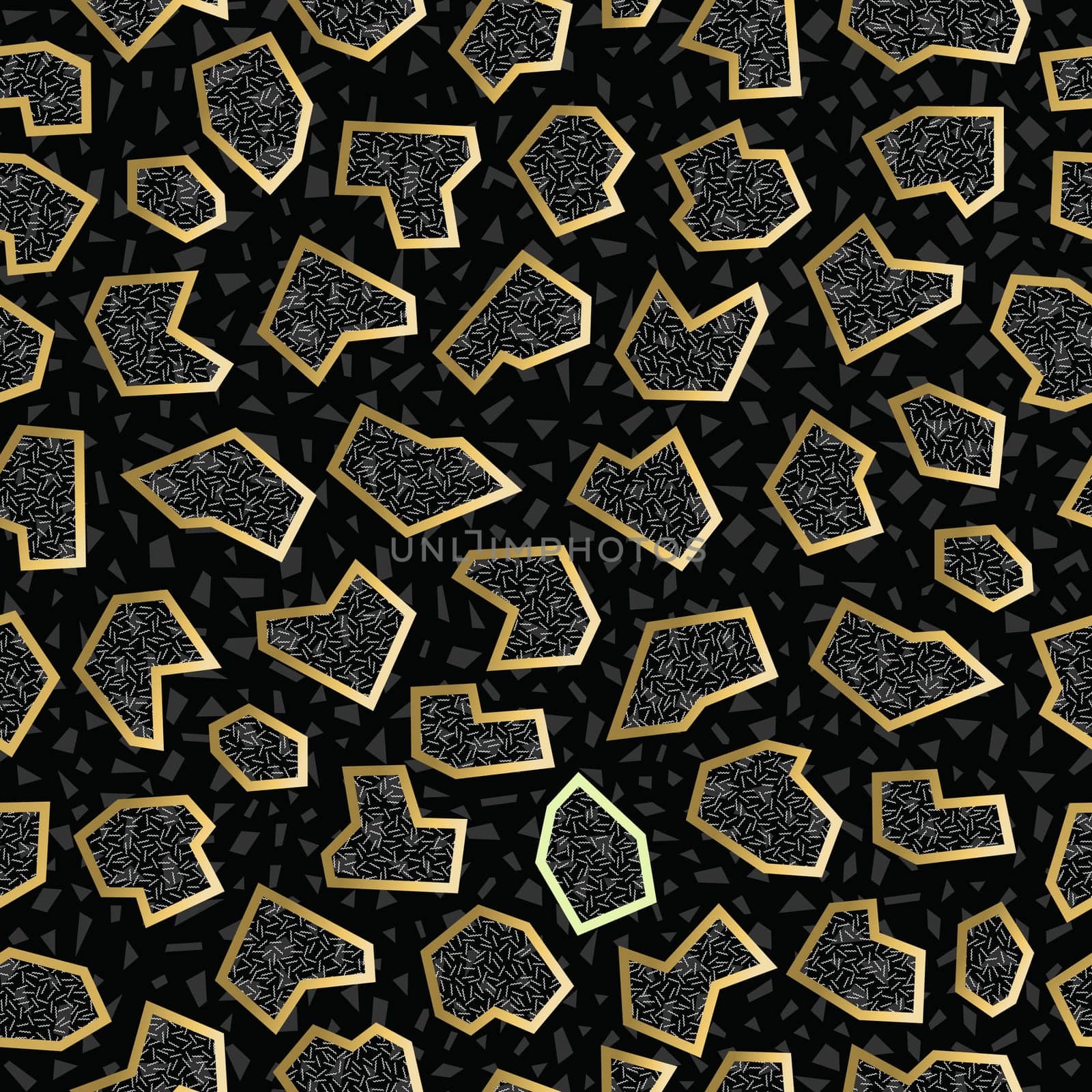 Retro vintage 80s geometry shapes seamless pattern in gold metallic color. Ideal for greeting card design, paper print and web background. EPS10 vector file.