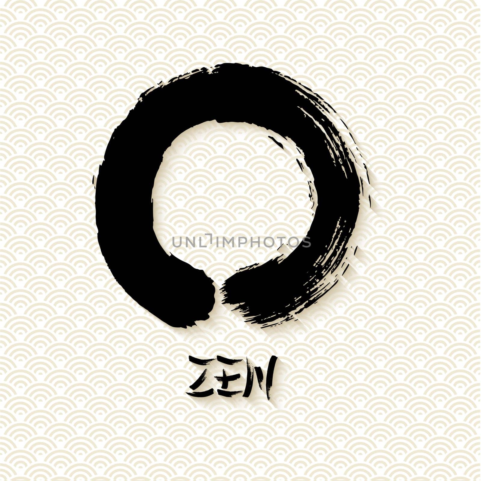 Enso Zen circle illustration in traditional hand drawn brush stroke style. Meditation symbol of Buddhism with calligraphy. EPS10 vector file.