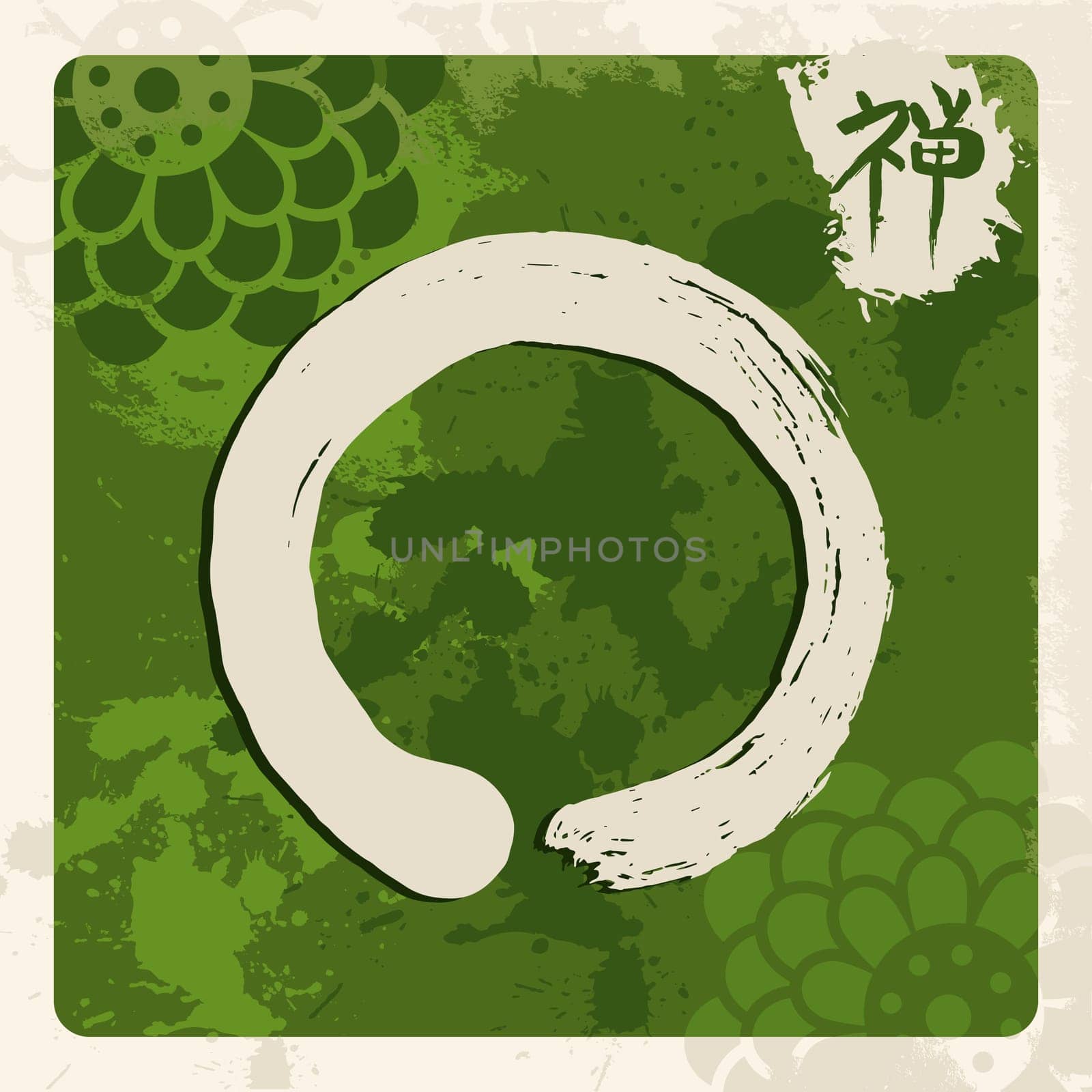 Enso Zen circle illustration in traditional hand drawn brush stroke style. Meditation symbol of Buddhism with calligraphy. EPS10 vector file.