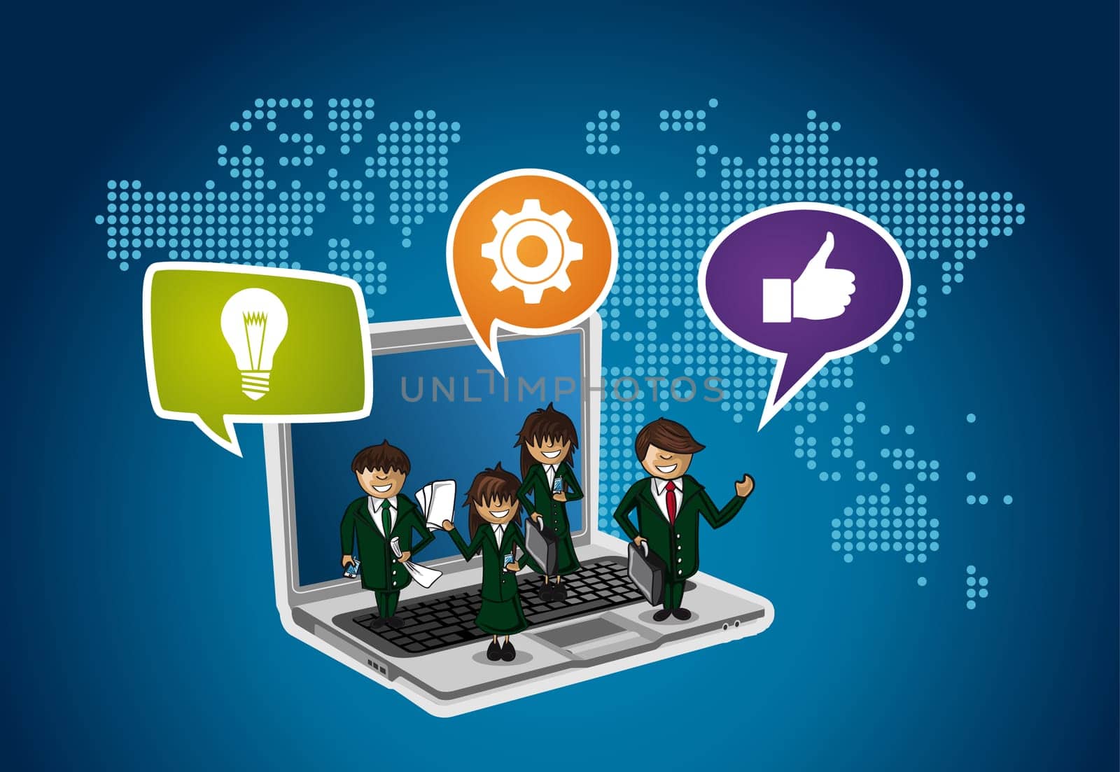 Business people on laptop computer, internet communication networking around the world concept illustration. EPS10 vector file.
