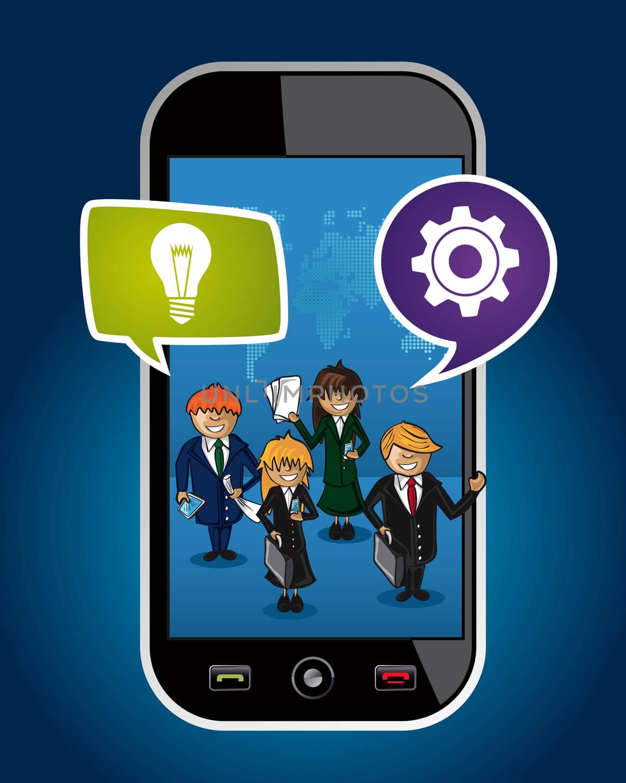 Business people on mobile phone with map background, communication and networking around the world concept illustration. EPS10 vector file.