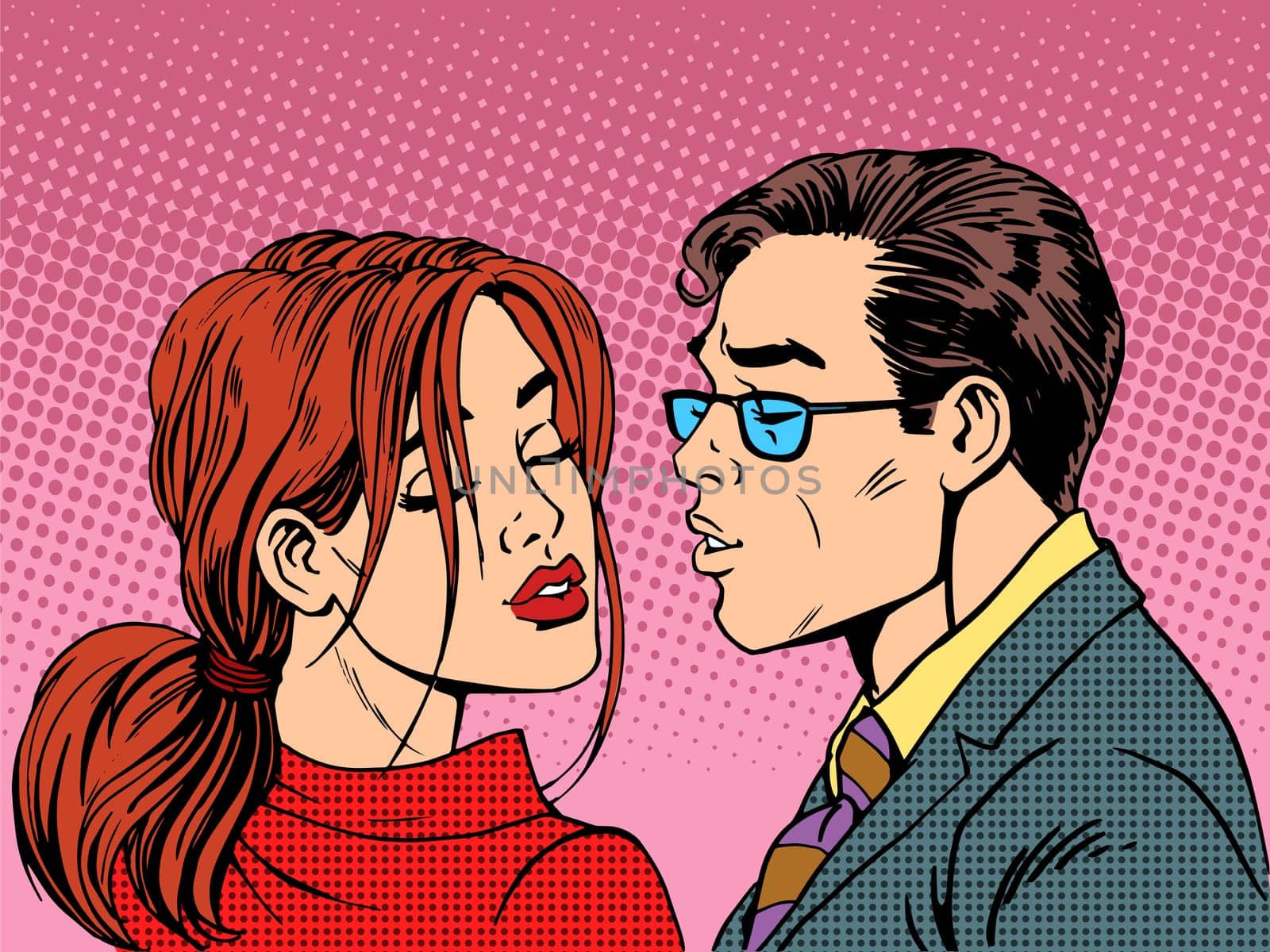 man woman kiss love romance couple pop art retro style