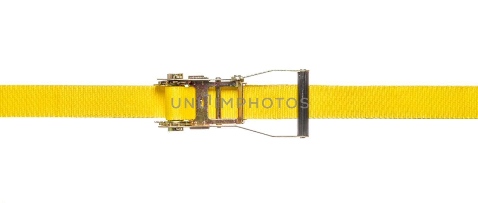 Yellow zurrgurt with ratchet against a white background