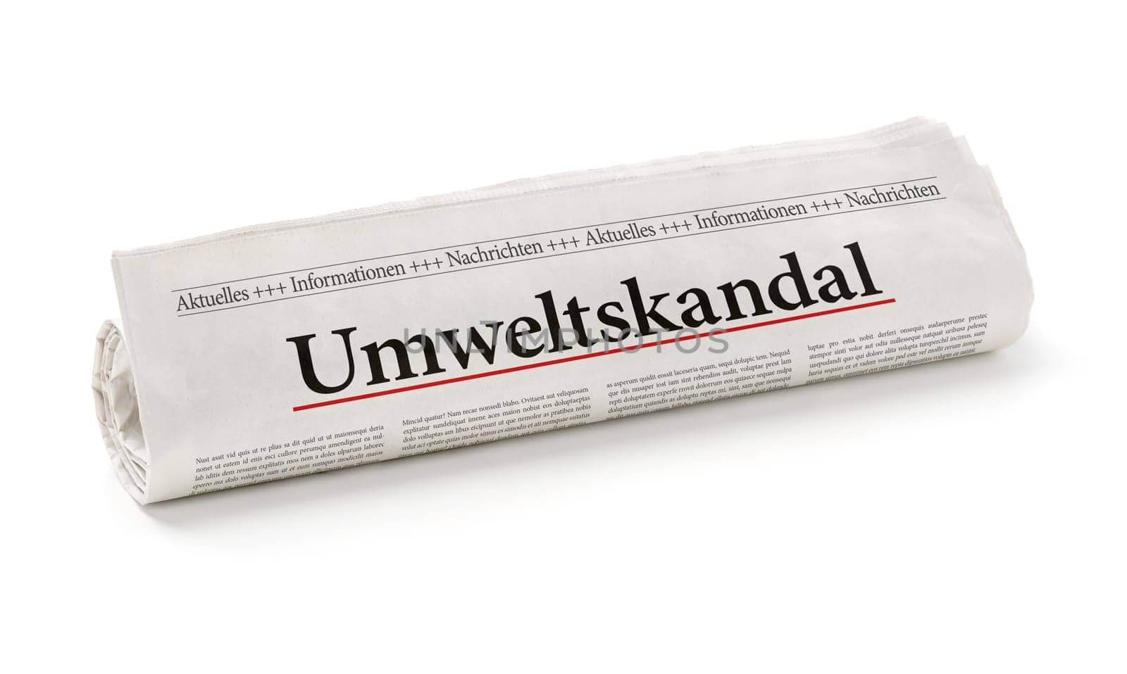 Newspaper roll headlined Environmental Scandal