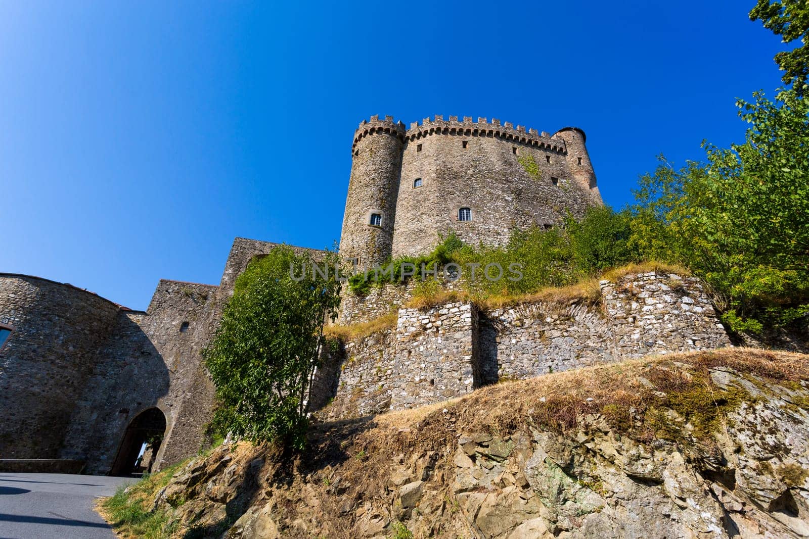 Fosdinovo, Toscana, IT- August 8. Bottom view of a castle Malaspina of Fosdinovo in a sunny day