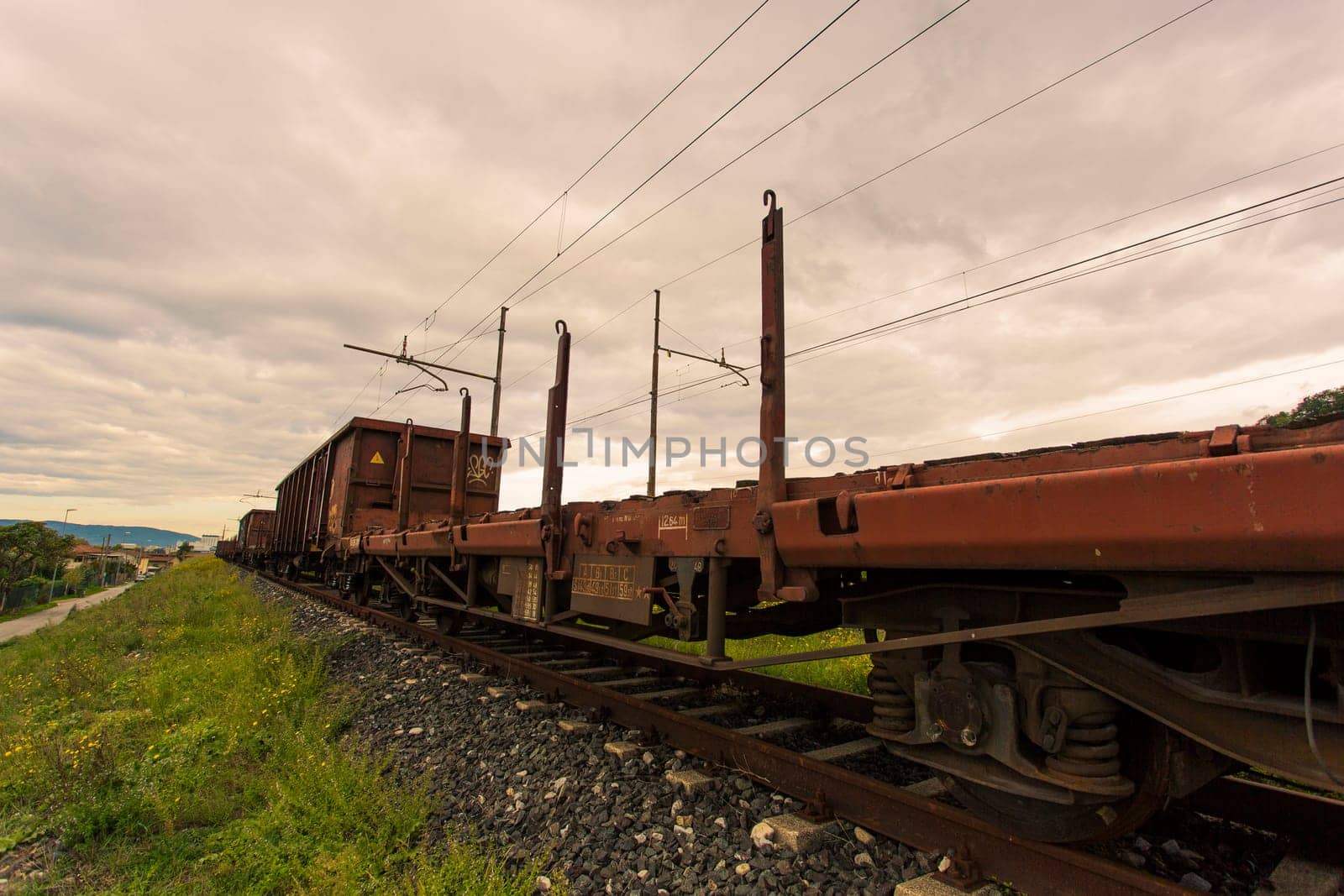 Diagonal view of a freight train stopped