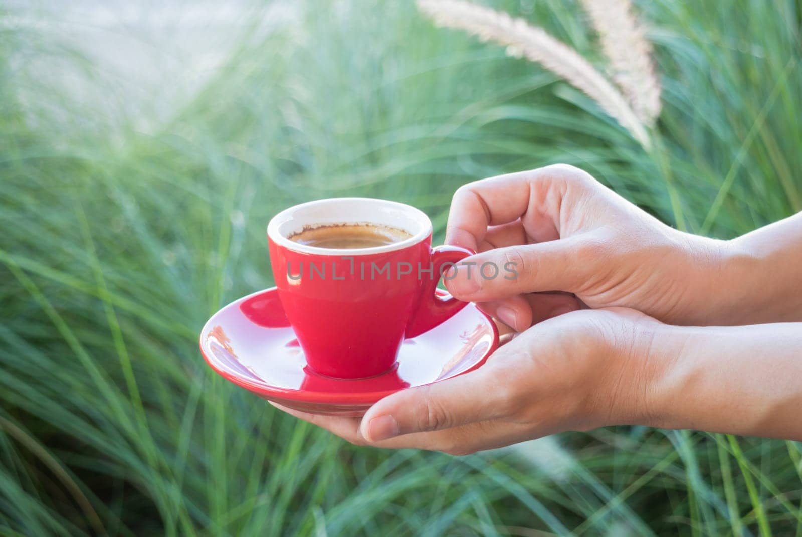 Woman holds a red coffee cup (vintage style color), stock photo