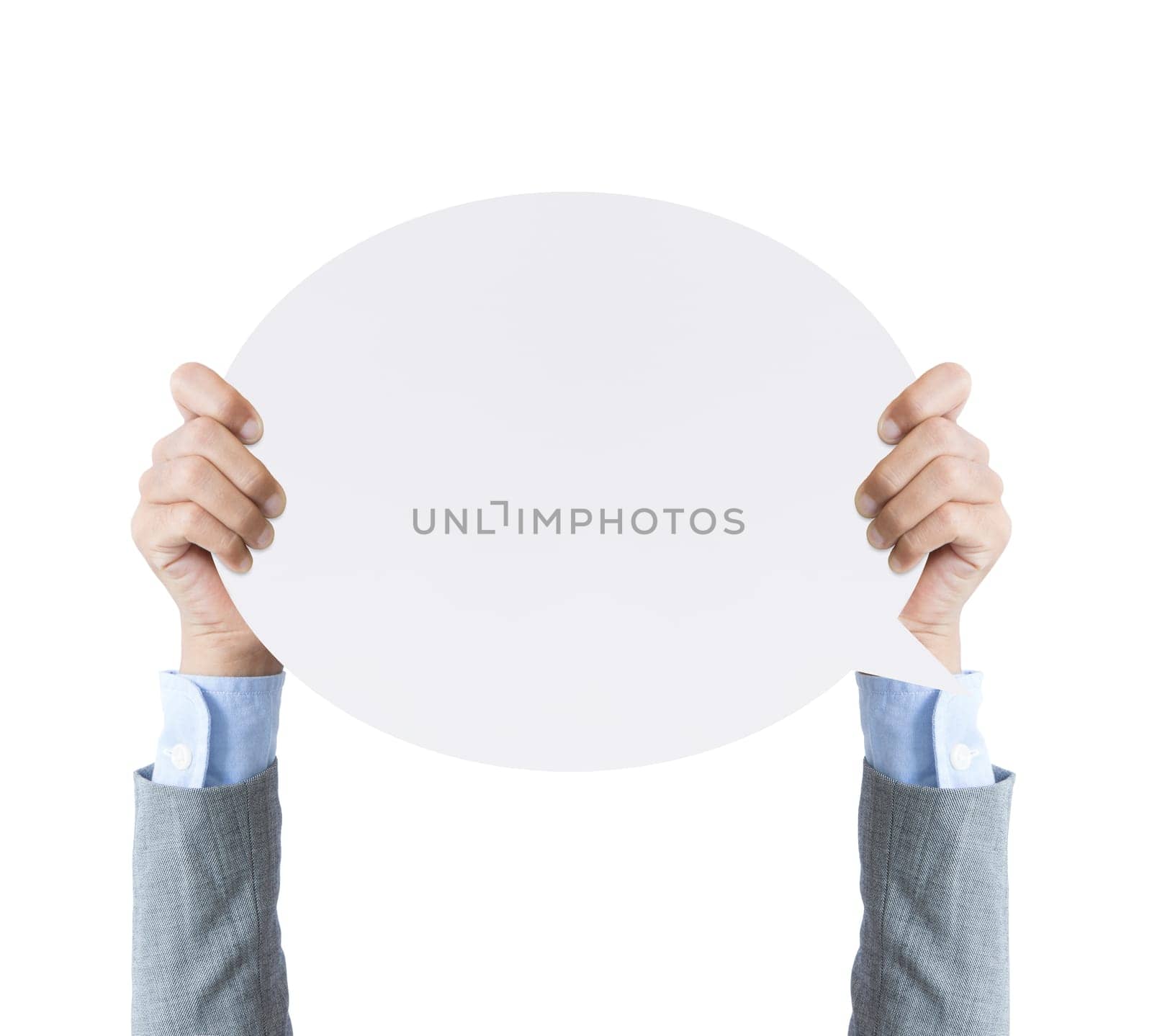 business hand holding speech word paper banner isolated clipping path