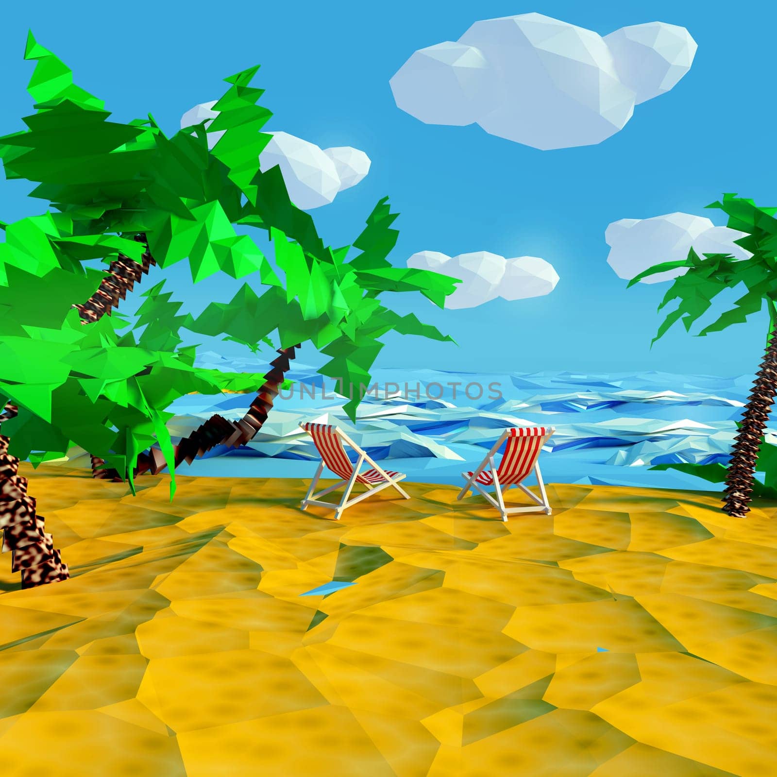Beach with two deckchairs and palm trees by the sea