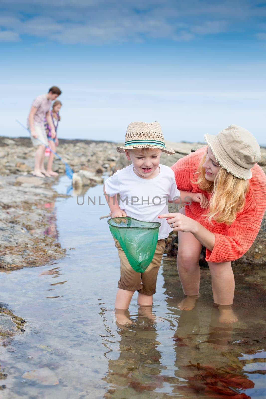 Young family at the seaside searching for creatures in rock pools. The young boy and his mother are the focus with the father and daughter in the background.
