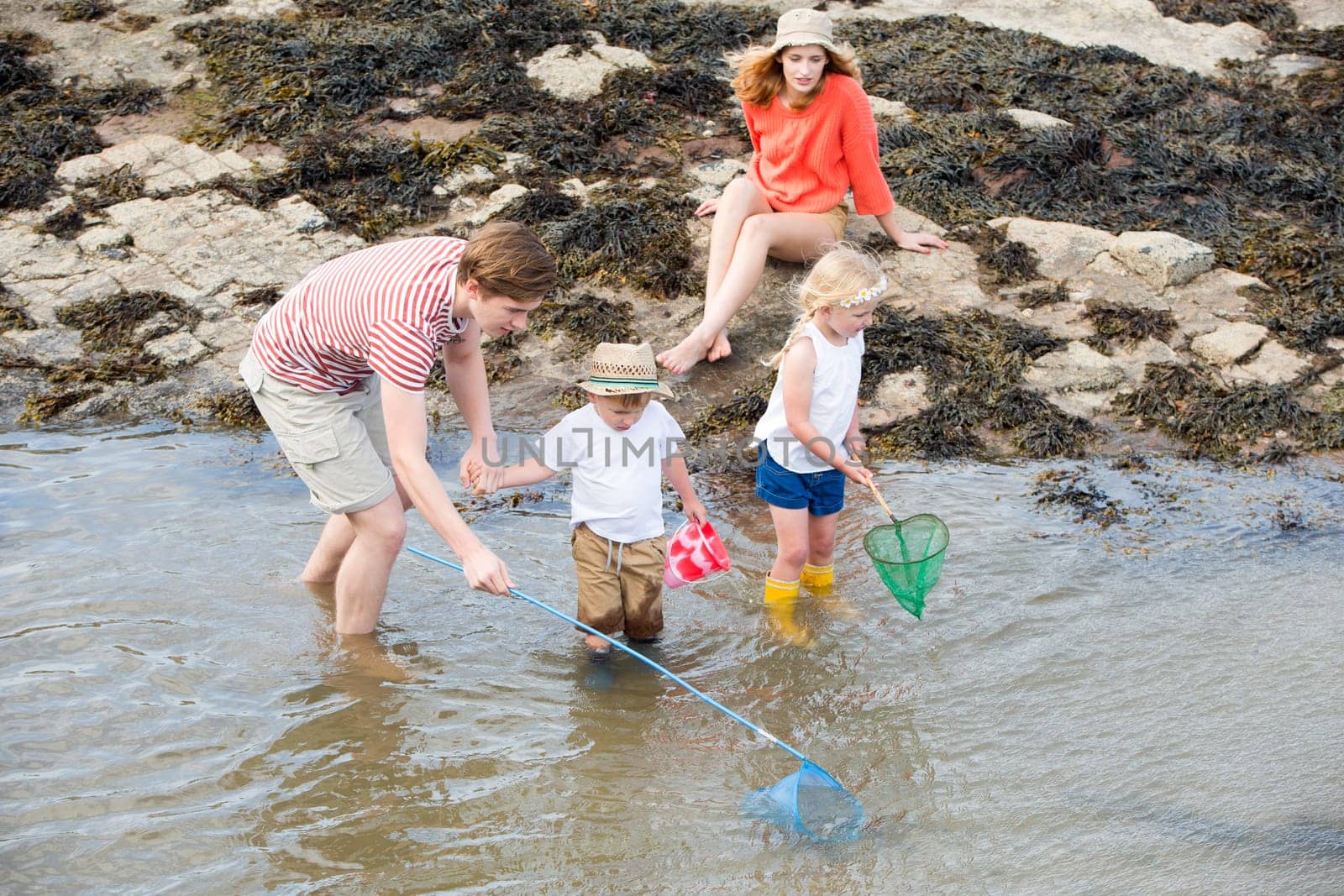 Young family at the seaside searching for fish and crabs among the rocks on the waters edge.