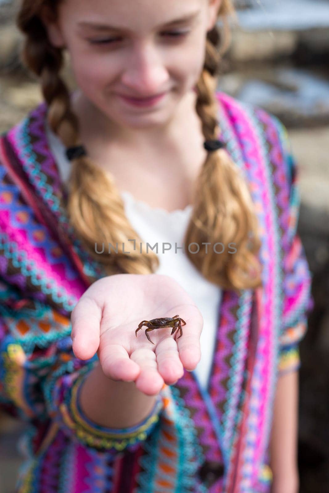 Young girl holding a crab in her hand at the seaside.