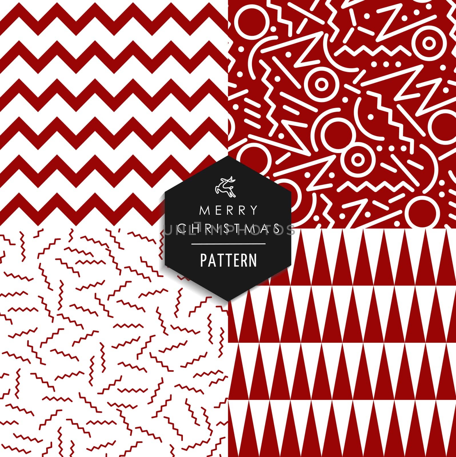 Merry Christmas retro 80s style seamless pattern set. Holiday hipster red and white shapes xmas background. EPS10 vector file.