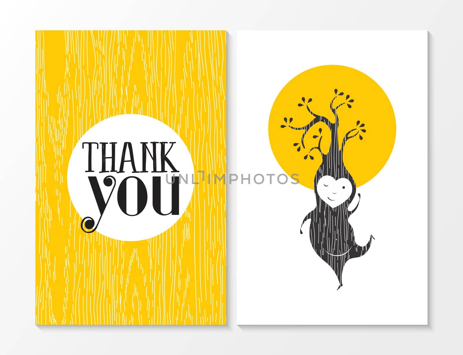 Thank you greeting card set with yellow wood texture background and happy tree elf dancing. Ideal for thanksgiving day or friend. EPS10 vector.