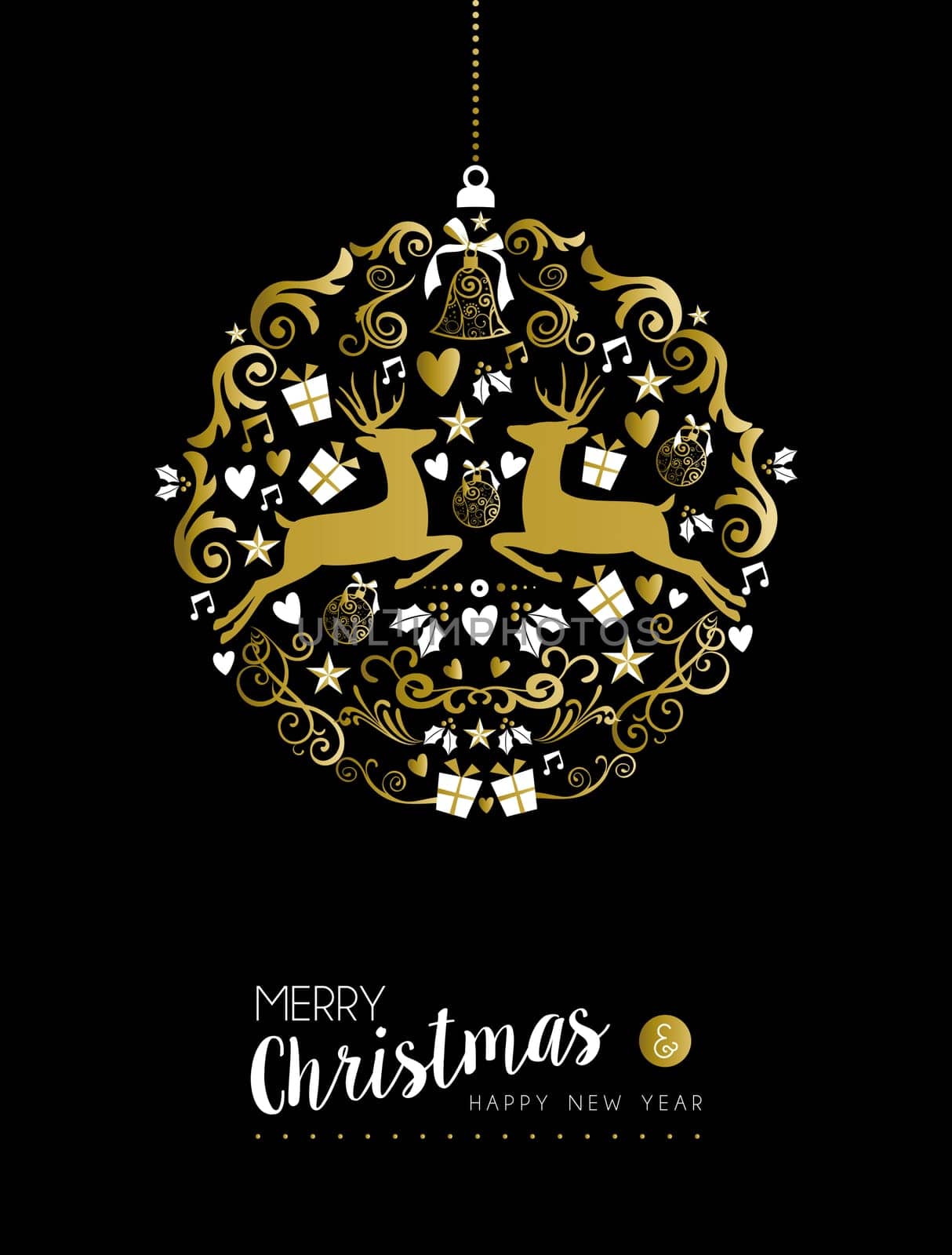 Merry christmas happy new year luxurious golden ornament ball shape on black background with deer and vintage elements. Ideal for xmas greeting card or elegant holiday party invitation. EPS 10.