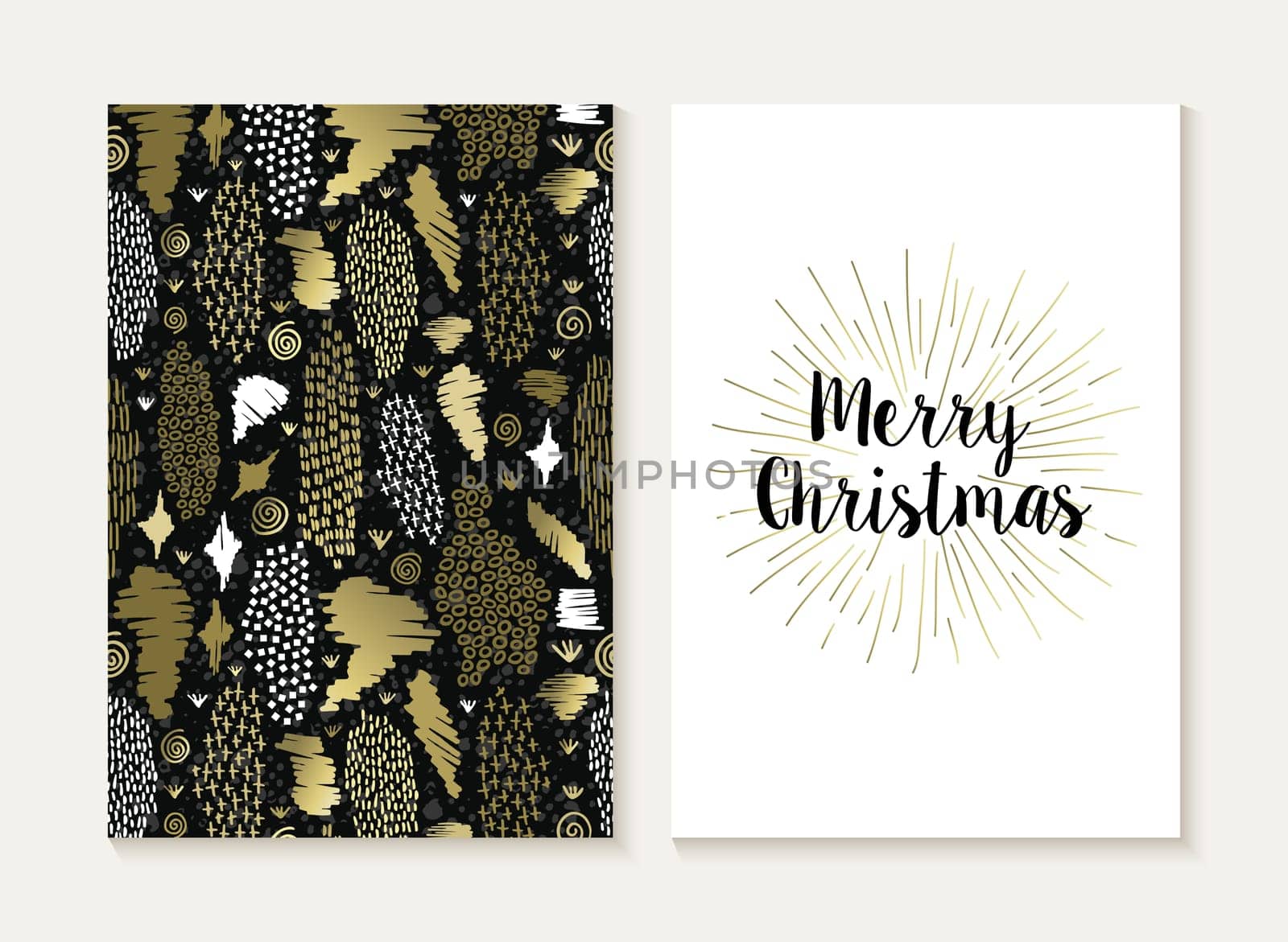 Merry Christmas card template set with retro tribal style seamless pattern and trendy Xmas text in gold metallic color. Ideal for holiday greetings. EPS10 vector.