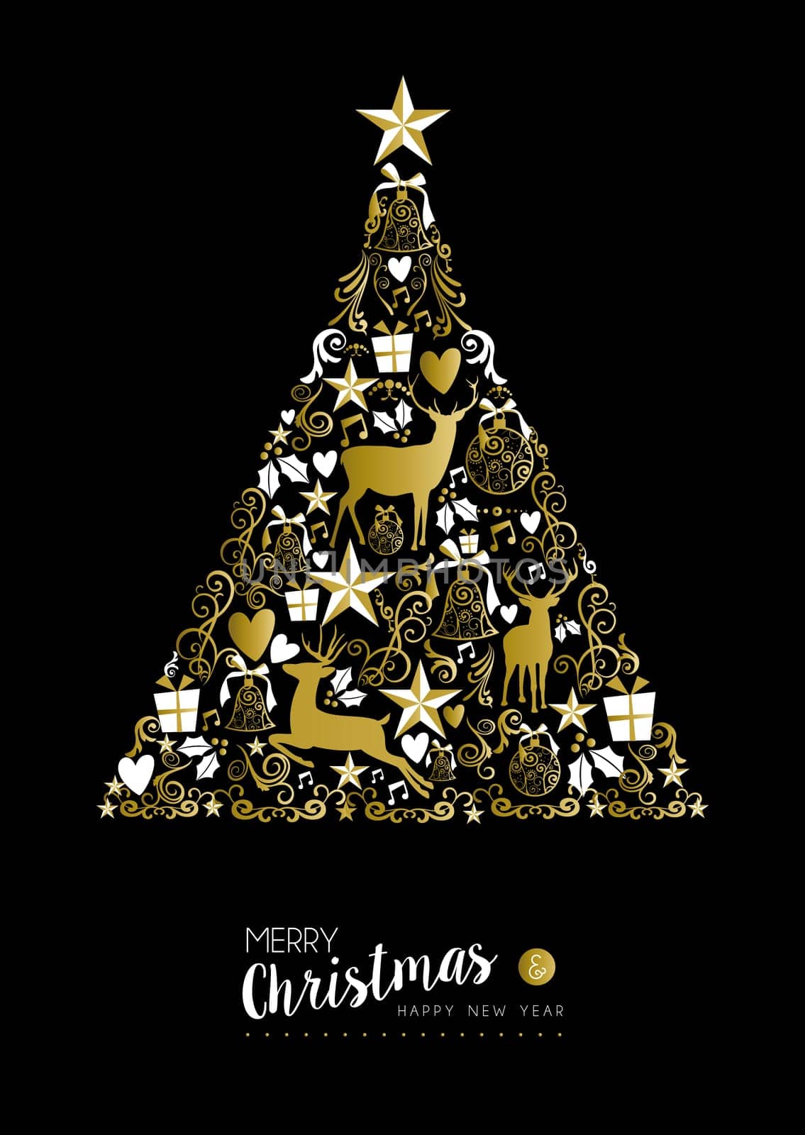Merry christmas happy new year luxury golden pine tree shape on black background with deer and vintage elements. Ideal for xmas greeting card or elegant holiday party invitation. EPS10 vector.