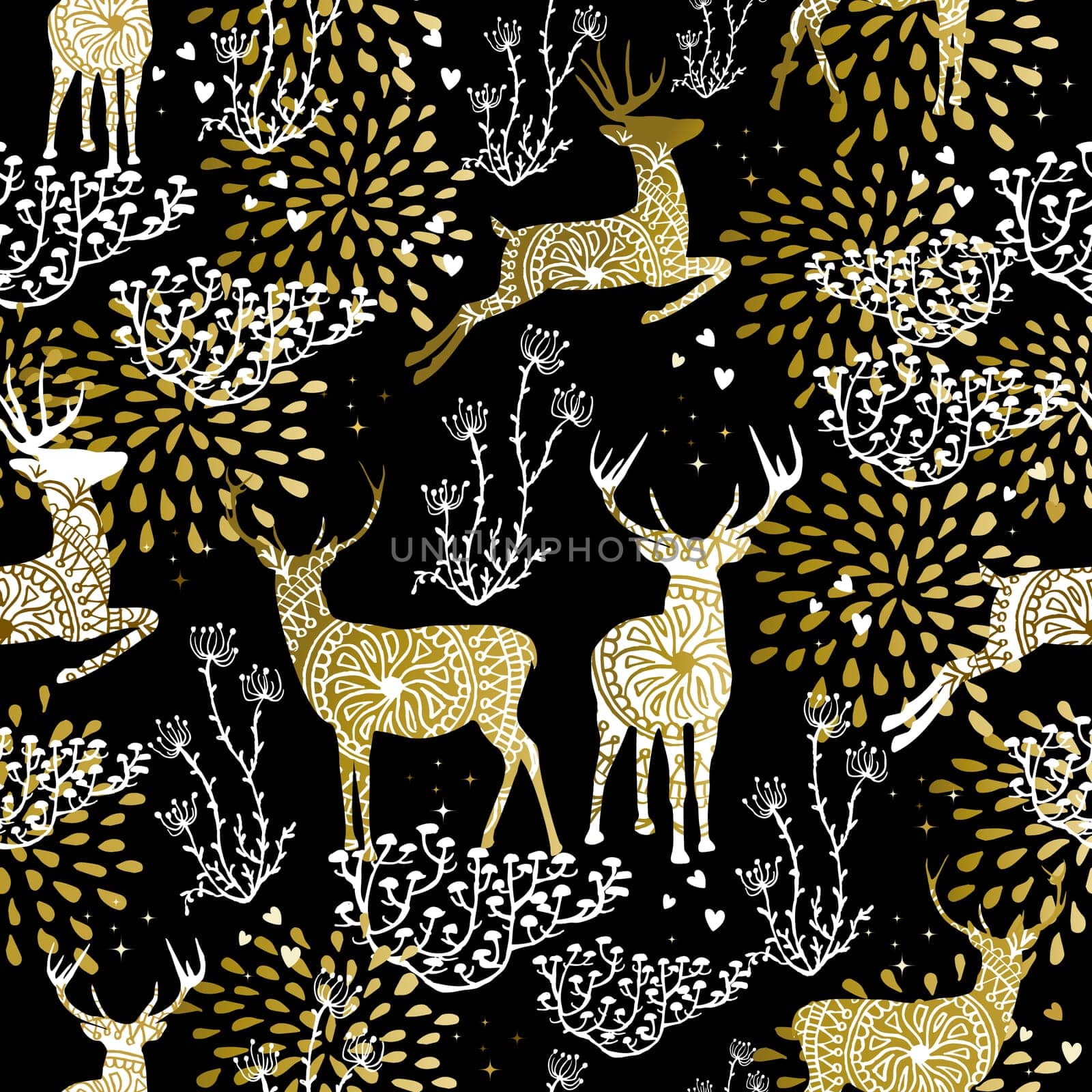 Christmas fancy gold seamless pattern with deer and nature elements on black background. Ideal for xmas card design, holiday wrapping paper or print. EPS10 vector.