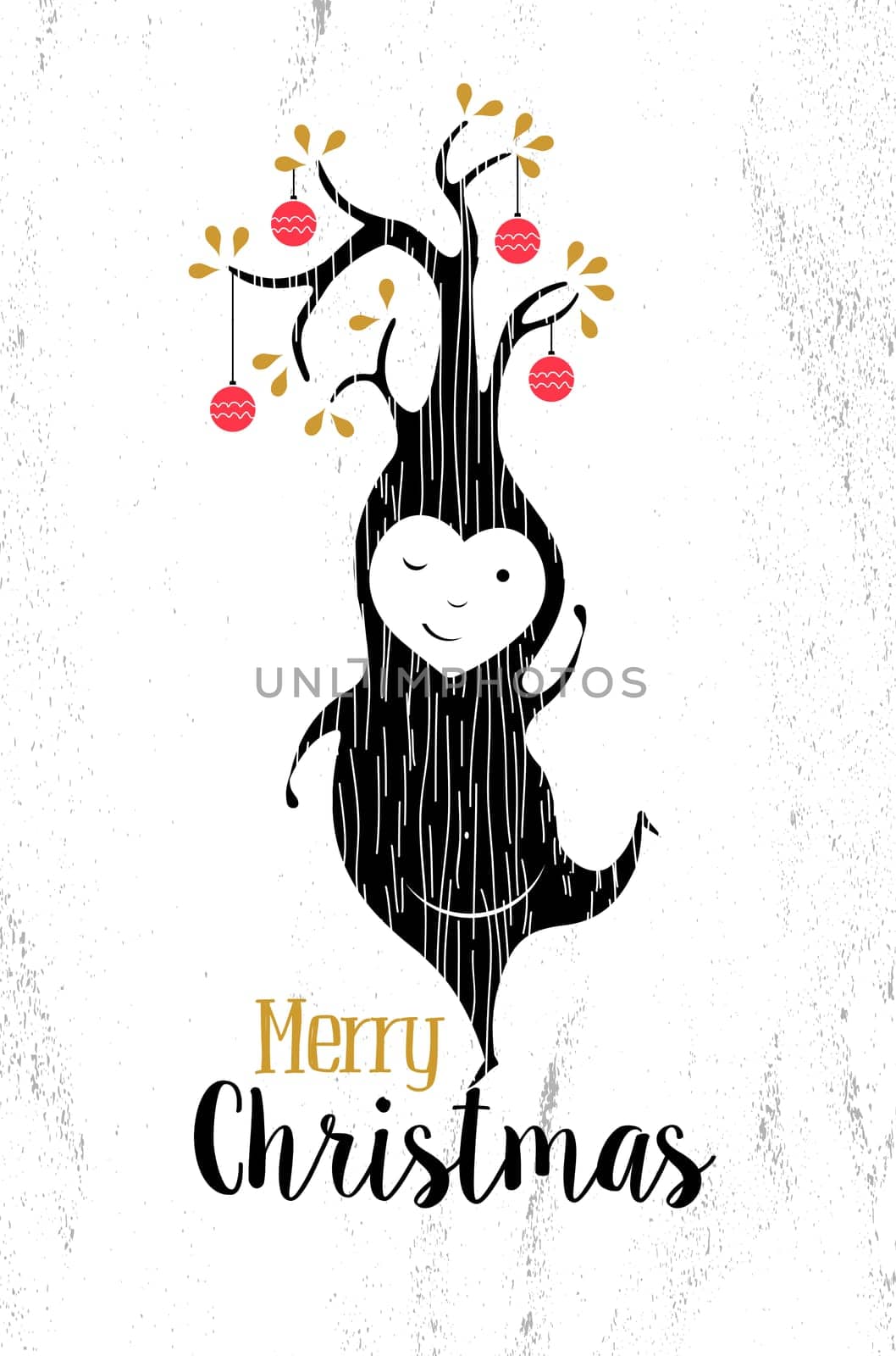 Merry christmas black and white elf tree shape on paper texture background with hipster retro elements. Ideal for xmas greeting card or elegant holiday party invitation. EPS10 vector.