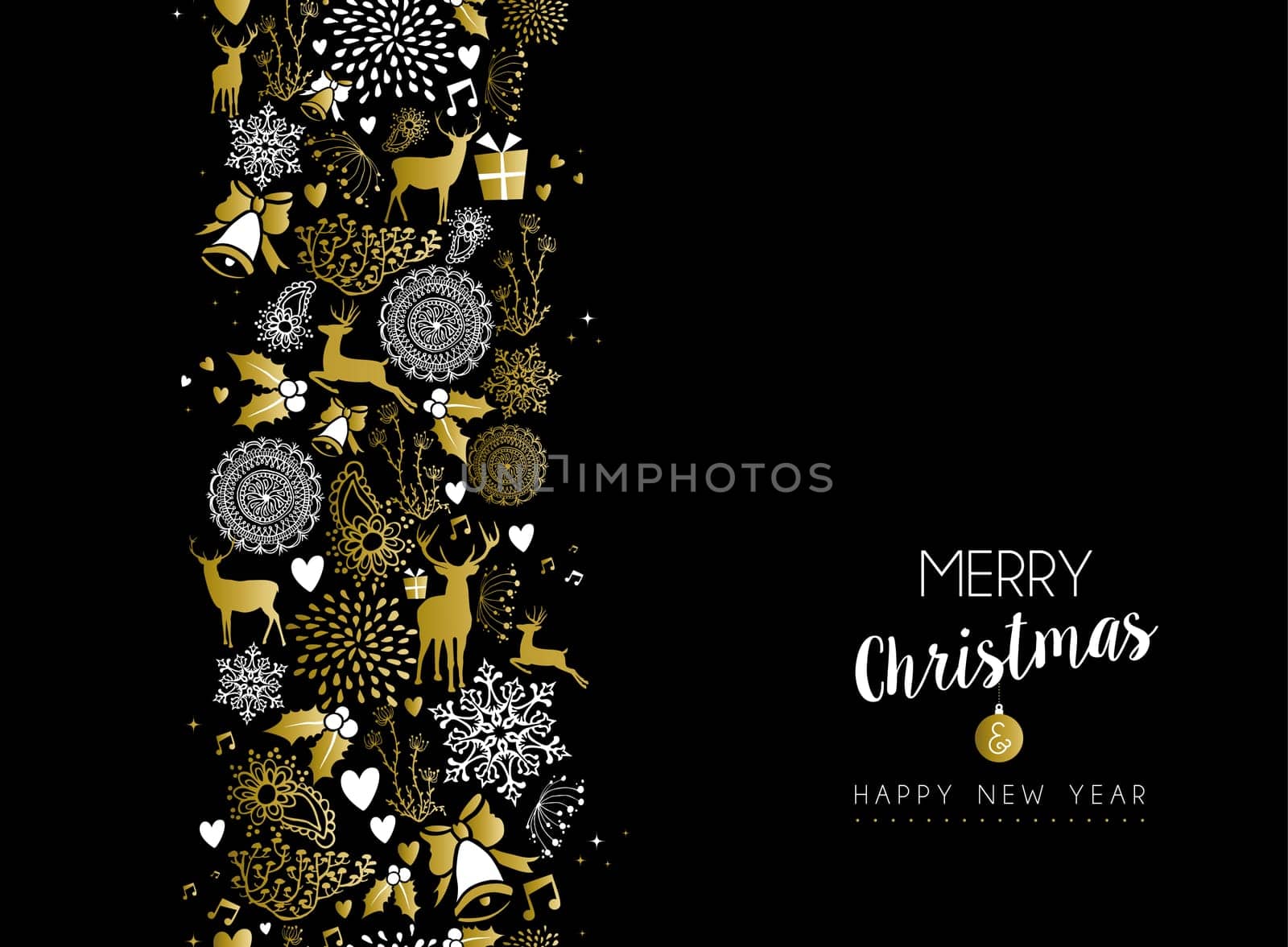 Merry christmas happy new year luxury golden seamless pattern on black background with deer and holiday elements. Ideal for elegant xmas greeting card. EPS10 vector.
