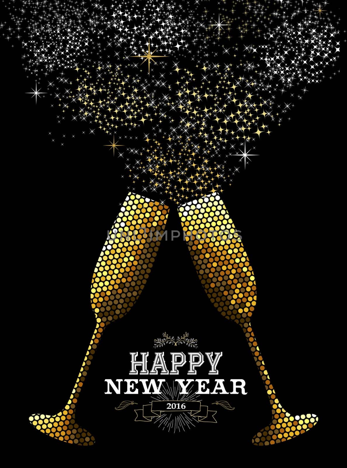 Merry Christmas Happy new year fancy gold drinking glasses making celebration toast in mosaic style. Ideal for holiday card or elegant party invitation. EPS10 vector.