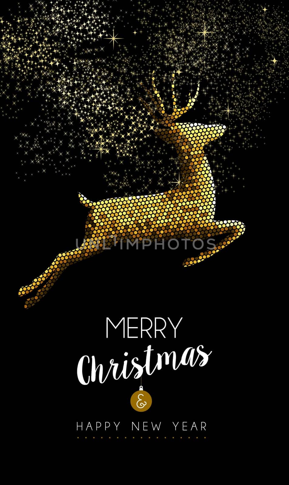 Merry Christmas Happy new year luxurious gold reindeer jumping in mosaic style. Ideal for holiday card or elegant party invitation. EPS10 vector.