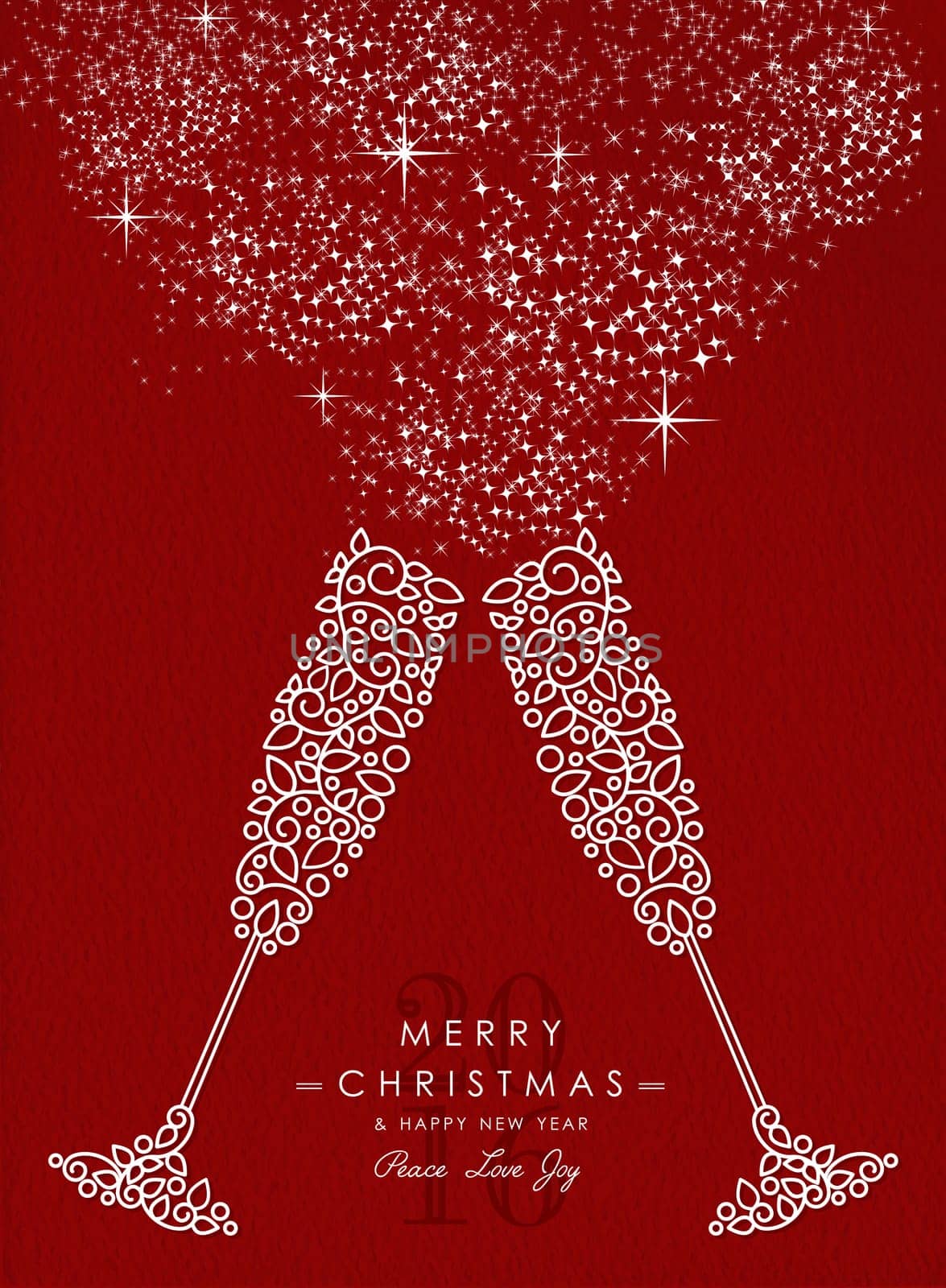 Merry Christmas Happy New Year 2016 greeting card background. Linear drinking glass celebration toast with monogram decoration, ornaments and leaves. EPS10 vector file.