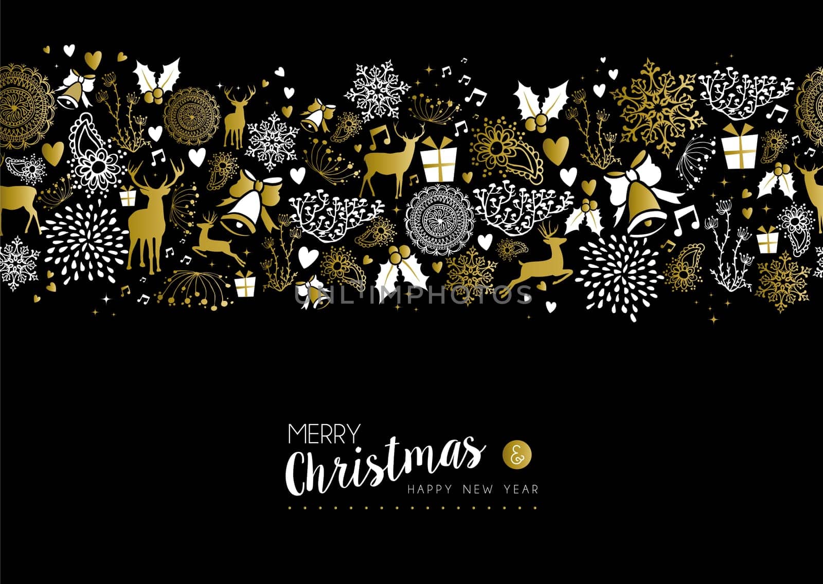 Merry christmas happy new year luxury gold seamless pattern on black background with deer, nature, and holiday elements. Ideal for fancy xmas greeting card design. EPS10 vector.       .