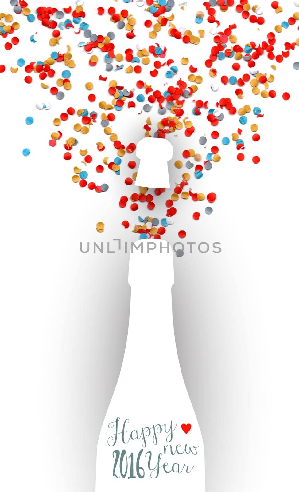 Happy New Year eve 2016 colorful celebration champagne bottle and confetti background. Ideal for holiday greeting card or party invitation. EPS10 vector.