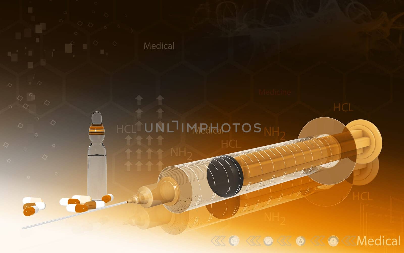 Digital illustration of syringe in colour background