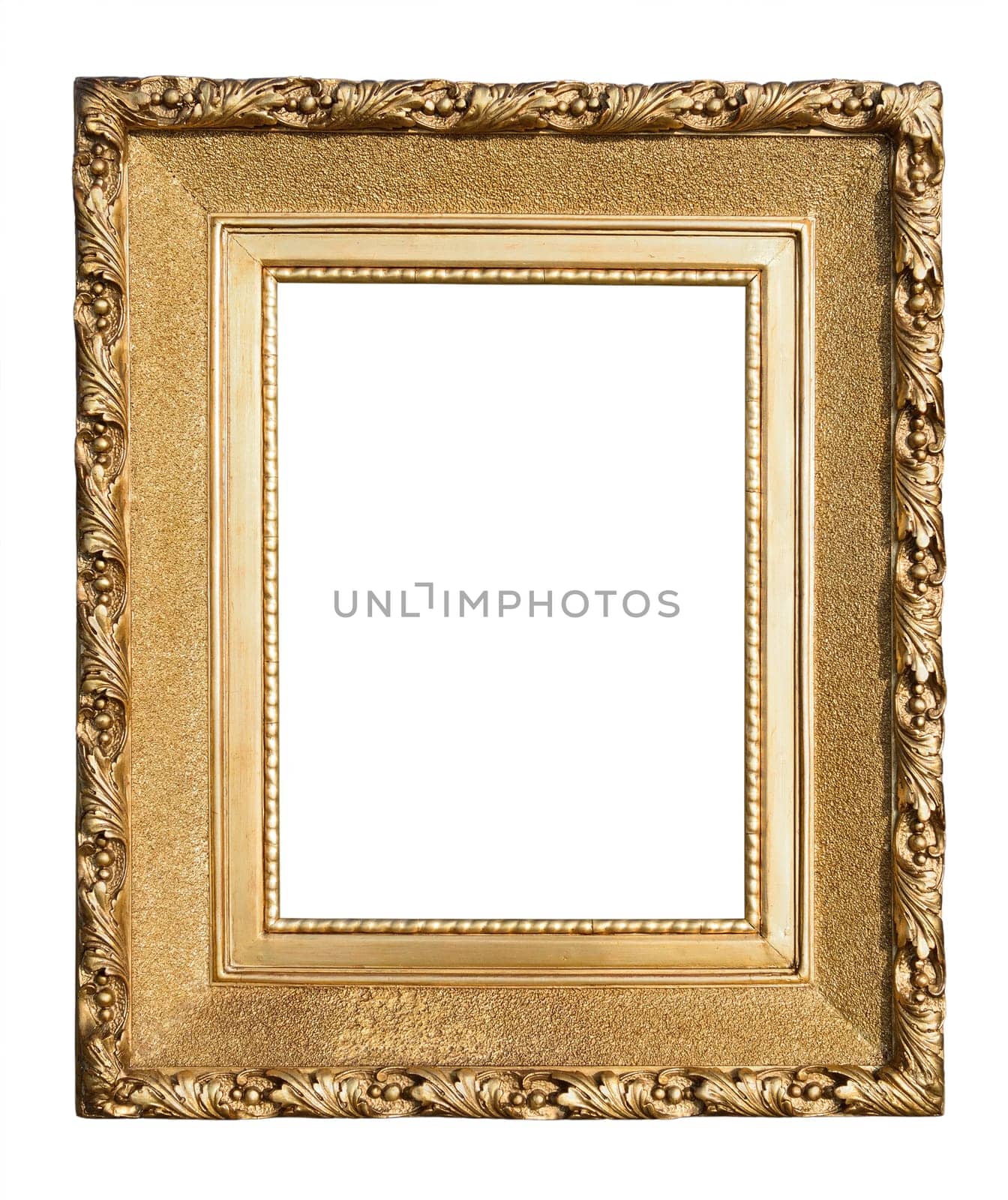 Antique wooden gold frame isolated on white.