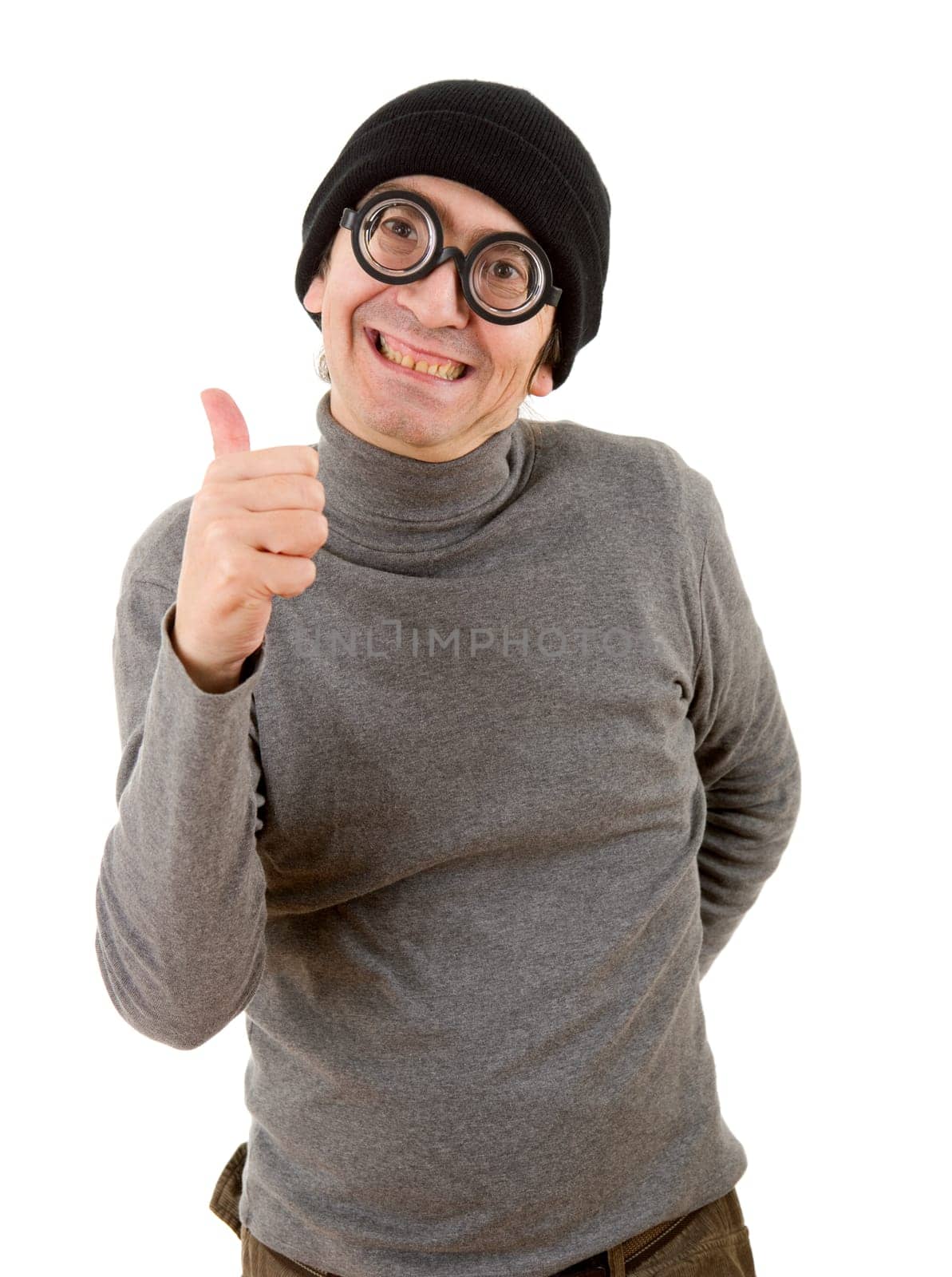 geek man going thumbs up, isolated on white
