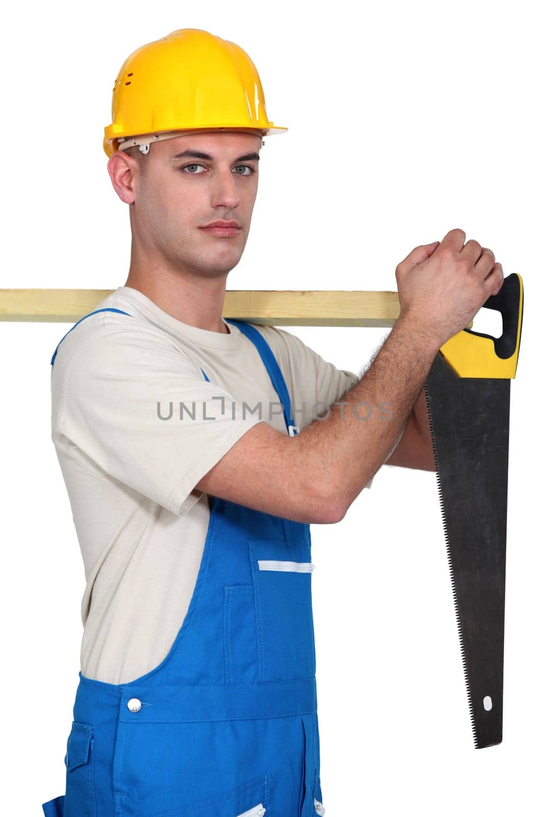 Carpenter with a handsaw.