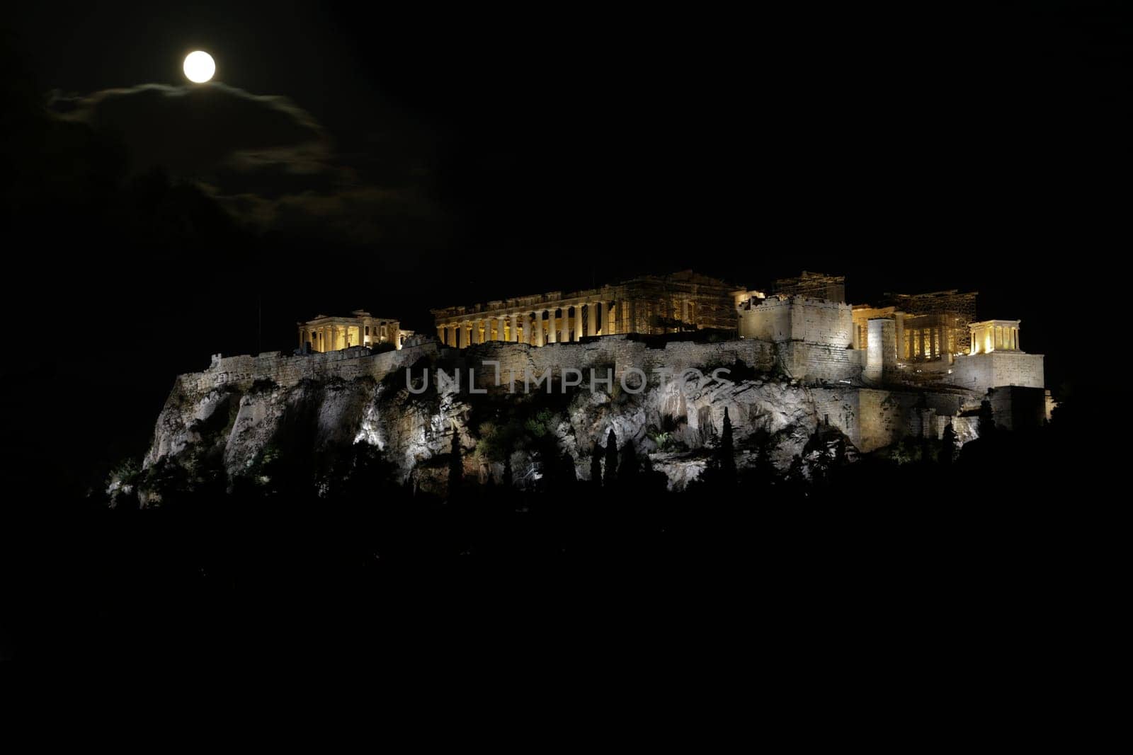 The Acropolis and Parthenon at night in Athens, Greece