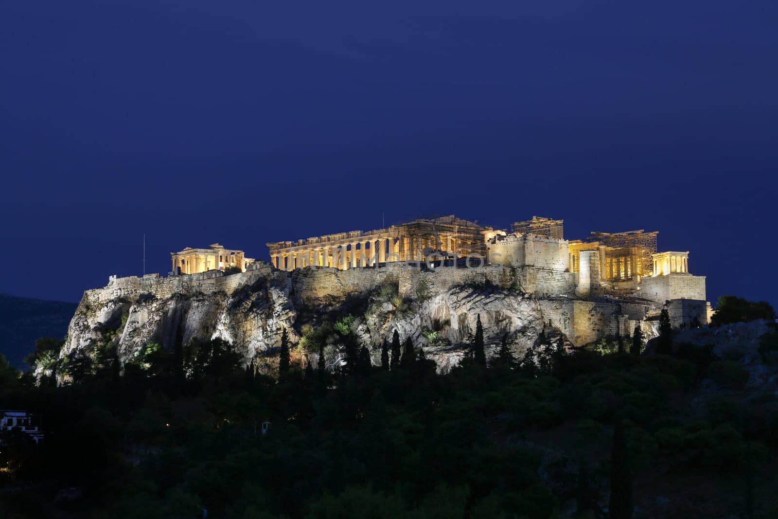 The Acropolis and Parthenon at night in Athens, Greece