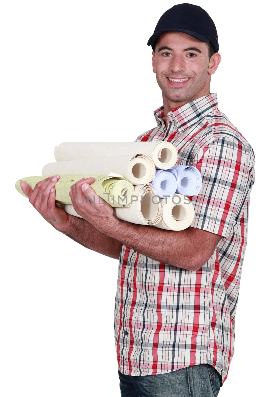 Man carrying rolls of wall-paper