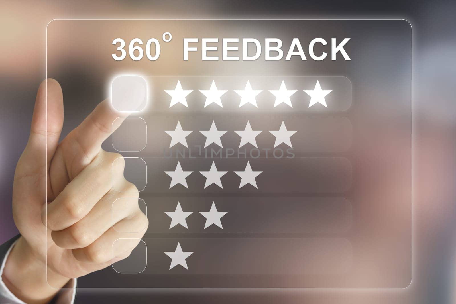 business hand clicking 360 degree feedback on virtual screen interface