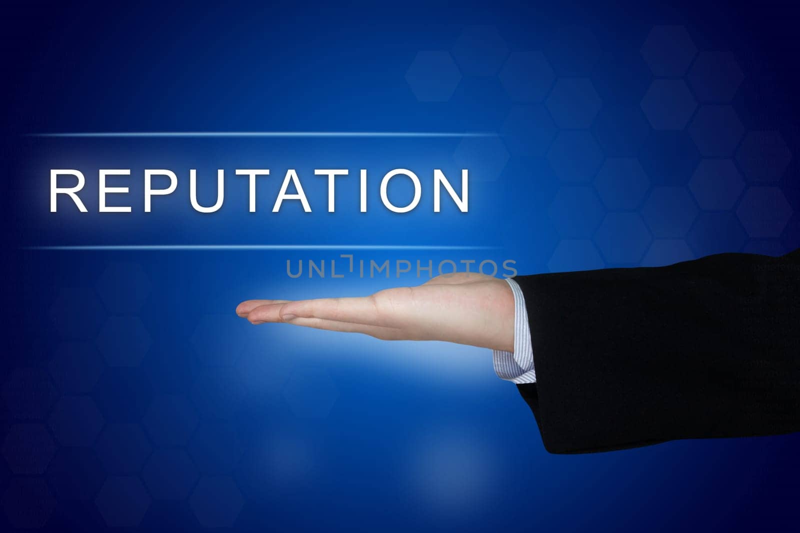 reputation button with business hand on blue background