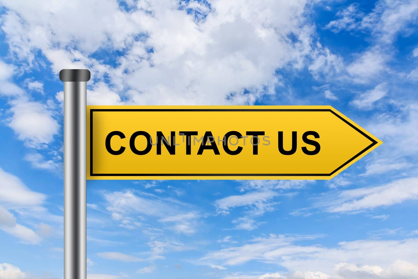 contact us words on yellow road sign on blue sky