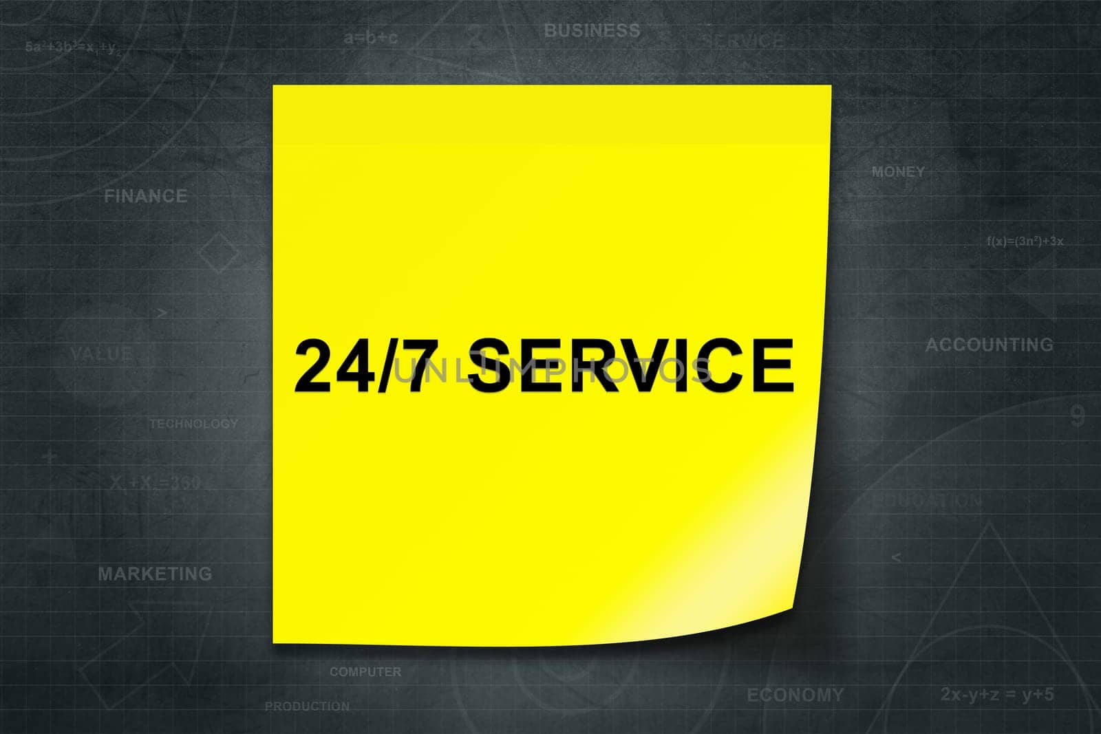24 hours a day, 7 days a week service on yellow note with black background