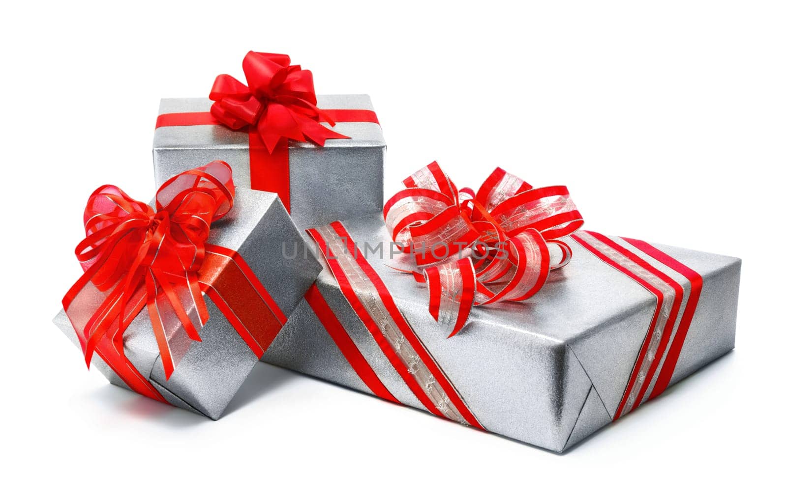 Three silver gift boxes with red ribbon and nice fancy bows,studio isolated on white background