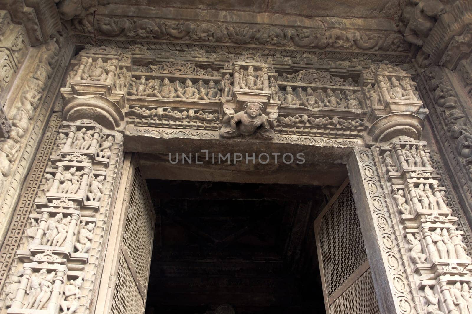 Exclusively carved, artistic, stone door frame at Chaturbhuj Temple in Khajuraho, Madhya Pradesh, India, Asia